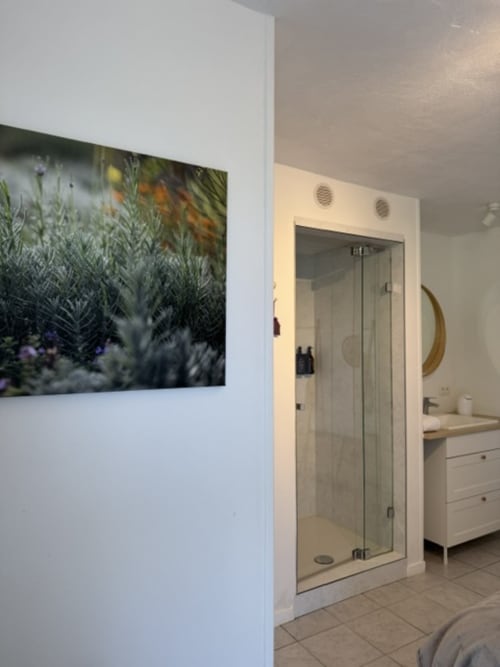 Moderne badkamer in de Romarin-kamer van L'arbre Qui Chante B&B, Saint Sauveur de Cruzières, met douche en botanische kunstwerken