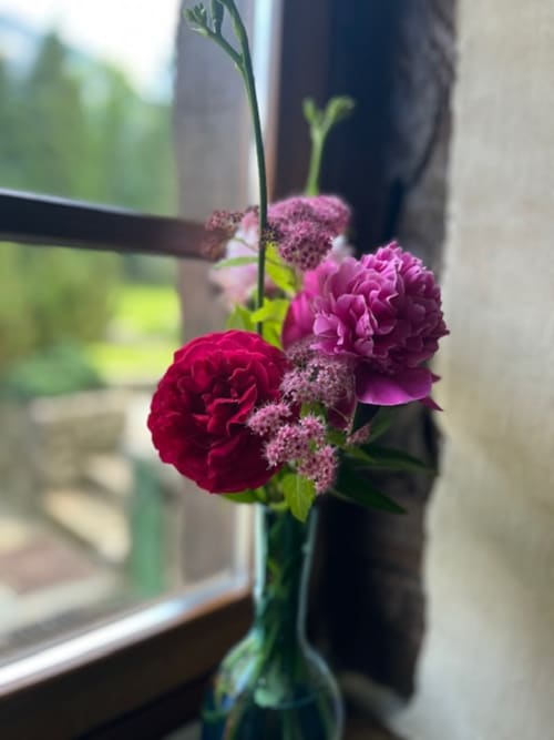 Élégant arrangement floral avec pivoines rouge foncé et rose à La Bageatière B&B à Lépin-le-Lac, vue jardin par la fenêtre