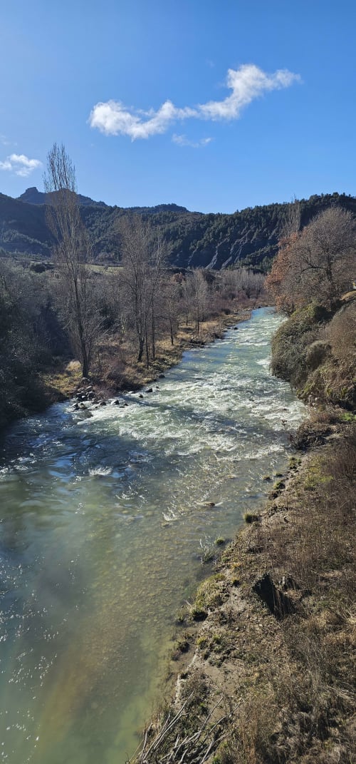 Vista panorámica de río de montaña con colinas boscosas y cielo azul despejado cerca del alquiler de apartamentos en Montgat, Prepirineo