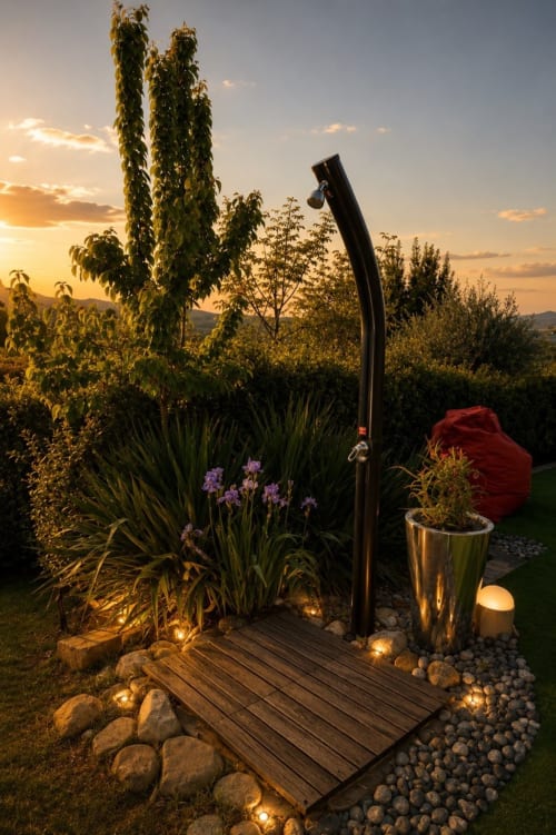 Giardino di Gan Eden al tramonto con piante alte, fiori viola, sentiero in legno e colline toscane al crepuscolo
