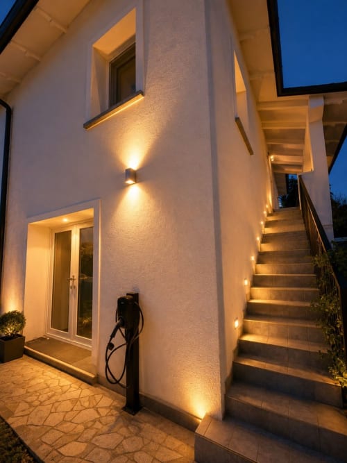 Ingresso del Gan Eden B&B al tramonto con illuminazione calda, scale e moderna architettura bianca a San Benedetto del Querceto