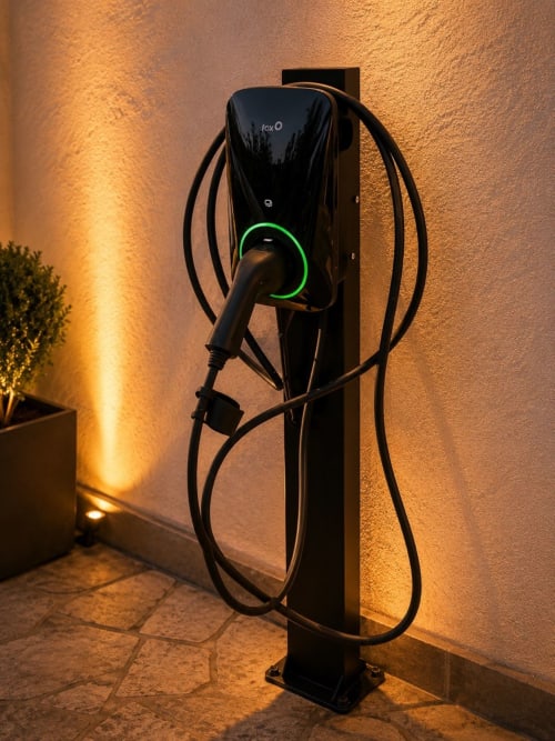 Stazione di ricarica per auto elettrica Fox presso la struttura ricettiva Gan Eden a San Benedetto del Querceto, Italia, con verde