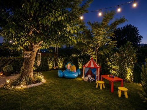 Giardino notturno del Gan Eden B&B con area giochi per bambini, tenda da circo e alberi illuminati a San Benedetto del Querceto