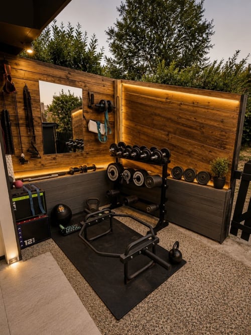 Moderno palestra all'aperto a Gan Eden con manubri, kettlebell e attrezzature fitness a San Benedetto del Querceto