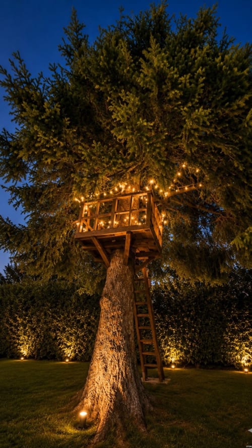 Casa sull'albero illuminata di Gan Eden B&B con luci calde e piattaforma in legno tra gli alti alberi sempreverdi al tramonto