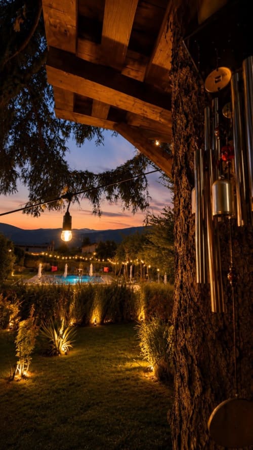 Gan Eden B&B, vista del giardino al tramonto con illuminazione, zona piscina e campagna toscana al crepuscolo