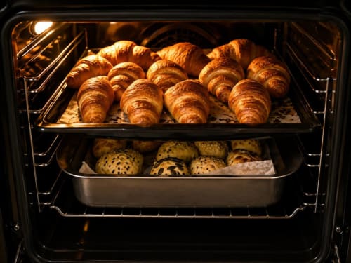 Croissant e panini ai semi in cottura nel forno di Gan Eden B&B, San Benedetto del Querceto