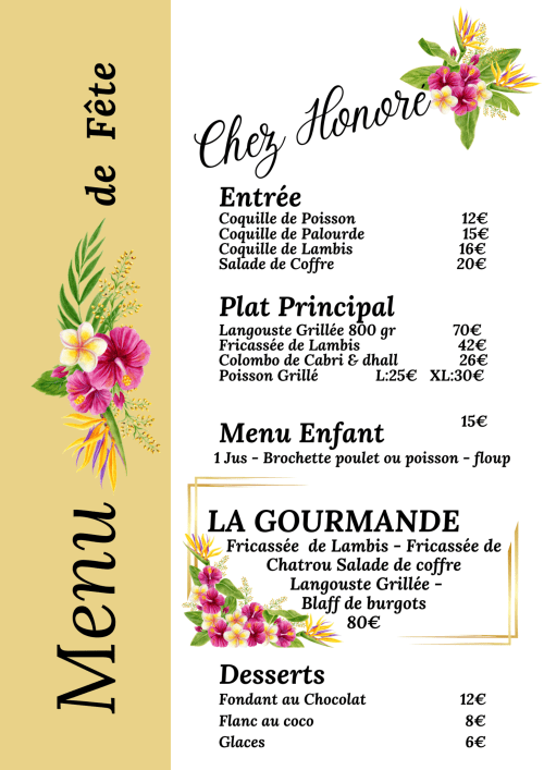 Menu du restaurant Chez Honoré à Village Honoré, Saint François proposant entrées, plats et desserts de cuisine créole