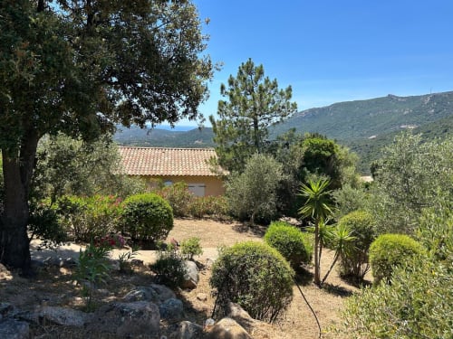 Terrains de l'hôtel Vista D'oro à Monacia d'Aullène avec villa méditerranéenne aux toits en terre cuite, jardins luxuriants et oliviers