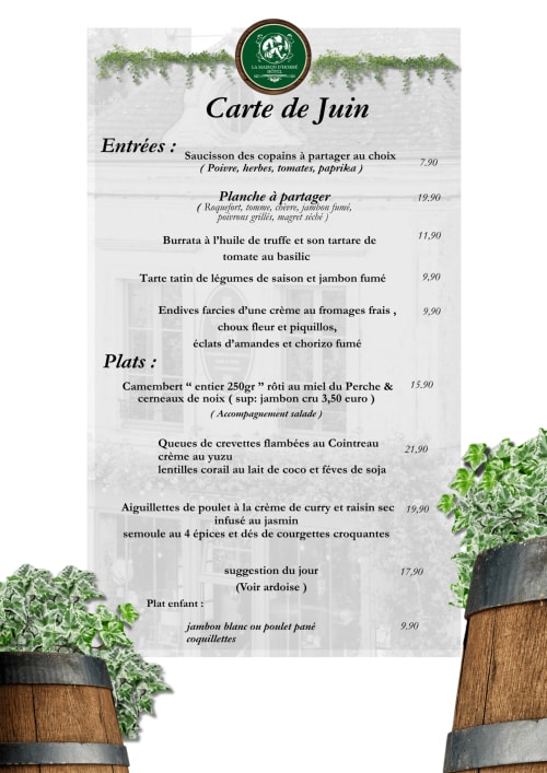Menu de juin de la Maison d'Horbé présentant les entrées et plats de cuisine française avec tarifs