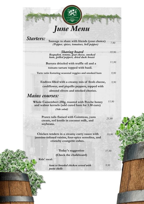 Menu de juin La Maison d'Horbé : entrées, plats et menus enfants mettant en vedette les spécialités de la cuisine française