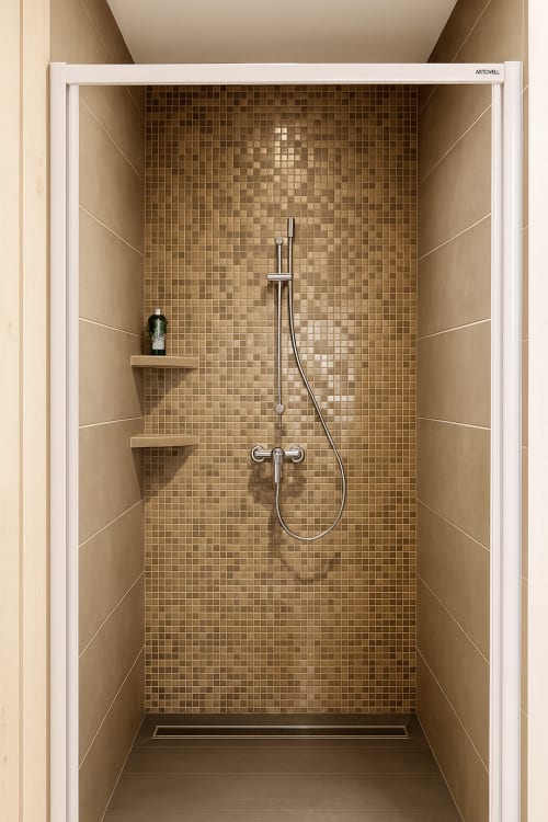Douche moderne avec petits carreaux de mosaïque aux tons marron chauds de la suite de l'hôtel Maunoury Chartres, dotée d'une pluie de tête