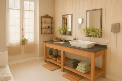 Salle de bains moderne de la suite Gabriel à Maunoury Citybreak, Chartres, avec meuble vasque en bois, doubles lavabos et vue sur le jardin