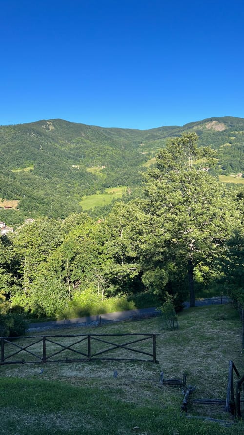 Vista della valle montana dall'appartamento R&B La Villa a San Benedetto Val di Sambro, con colline boscose e pascoli