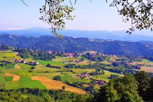 Vista panoramica della valle di Borgo Maira a Prazzo, Italia, con colline ondulate, campi coltivati e case con tetti rossi