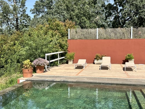 Terraza junto a la piscina de la villa Casa Las Cuadras en Candeleda con tumbonas, paredes de terracota y árboles maduros
