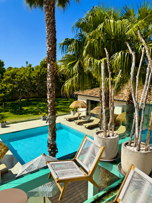 Élégante piscine à La Maison D'ambrine B&B à Chamaret avec eau turquoise, transats et palmiers blancs