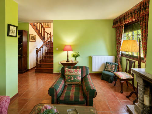 Sala de estar verde brillante con butaca de rayas, lámpara y chimenea en casa rural junto al río Miño, Tomiño