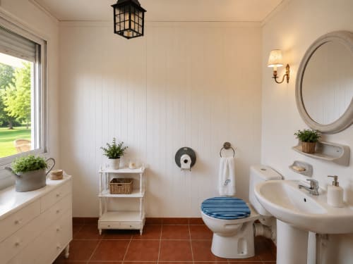 Baño luminoso en la casa rural Tomiño con lavamanos de pedestal blanco, inodoro con asiento azul, espejo redondo y vistas al jardín con río