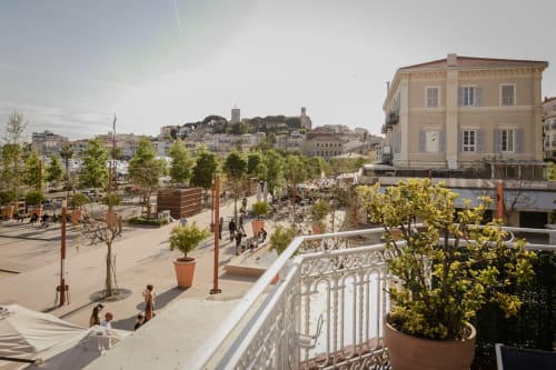 Veduta panoramica di Cannes dalla terrazza dell'Hotel Splendid con palme e antico centro storico sullo sfondo