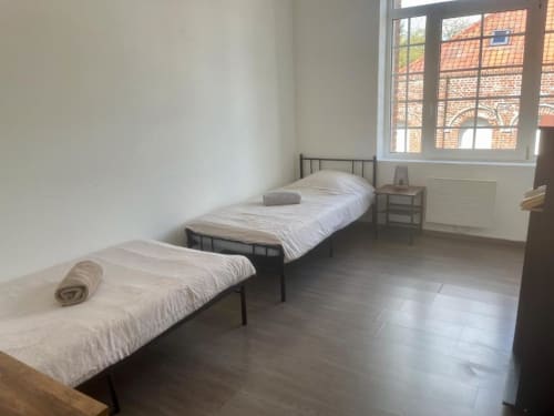 Chambre spacieuse des Apparts Business Caudry avec deux lits simples, parquet et vue sur la ville par de grandes