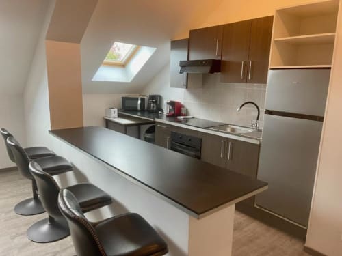 Cuisine moderne dans un appartement 2 chambres de Business Apparts Caudry avec armoires foncées, électroménagers acier inoxydable et