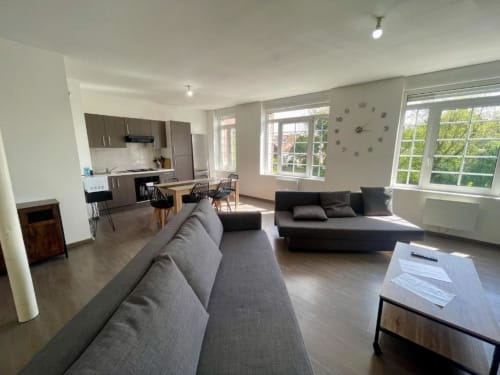 Spacieux séjour d'un appartement 2 chambres aux Business Apparts Caudry avec cuisine moderne, canapés gris, table à manger et grand