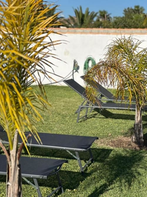 Jardín privado de Villa Faro en Hozanejos con tumbonas, palmeras y césped verde con vistas a la propiedad