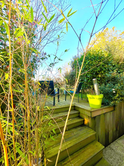 Terrasse en bois avec bambous et fleurs en pots verts à La Fontaine Romy, vue du jardin de Genneville