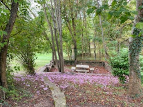 Jardin arboré aux fleurs violettes du Domaine de Bize, une retraite romantique à Mirepoix, France