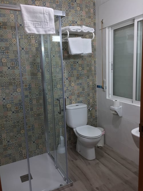 Baño moderno con cabina de ducha, inodoro y azulejos decorativos con diseños en las paredes del Hotel La Posada