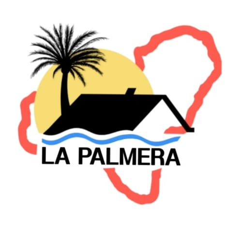 Logo de La Palmera con palmera, sol amarillo, olas azules y contorno de mapa rojo del hotel en La Frontera