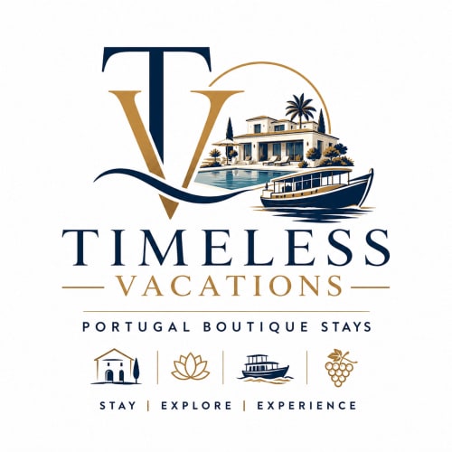 Logótipo Timeless Vacations Portugal com estadas boutique: villa, piscina, barco e vinho