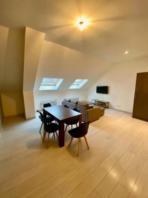 Studio mansardé contemporain chez Business Apparts Caudry avec table à manger, canapé, fenêtres de toit et parquet