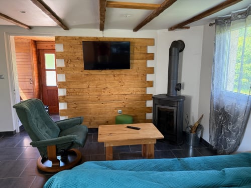 Salon douillet du chalet avec mur à lambris, TV écran plat, poêle à bois, fauteuil vert et lit bleu aux Gîtes les