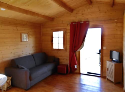 Intérieur cosy de chalet en bois avec canapé sombre, petite TV et baie vitrée donnant sur le lac à Calacuccia