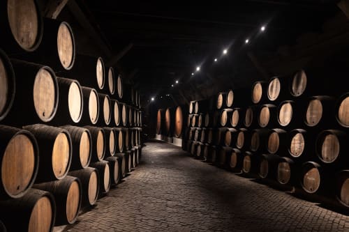 Adega de barris de vinho em Timeless Vacations Portugal, pipas de madeira alinhadas em sala de armazenamento subterrânea