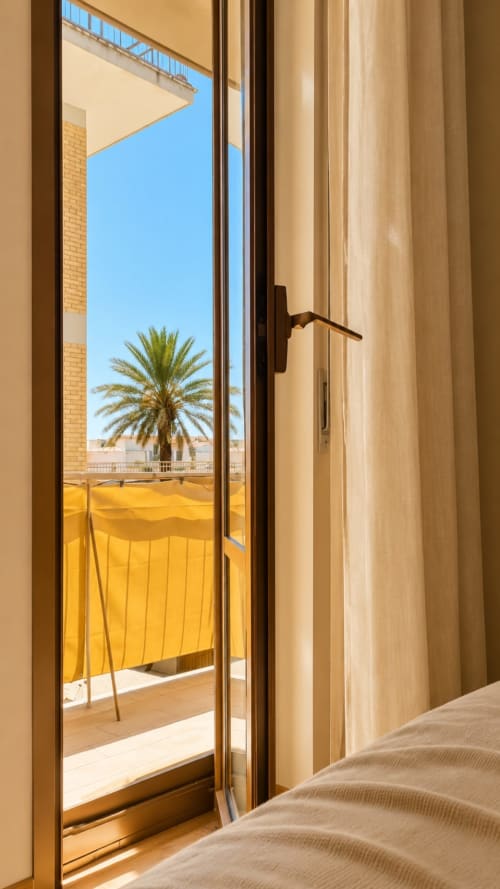 Porta in vetro aperta dell'appartamento Oceanine 7 a ViOletta Lido di Ostia che affaccia sul balcone con palma e vista mare