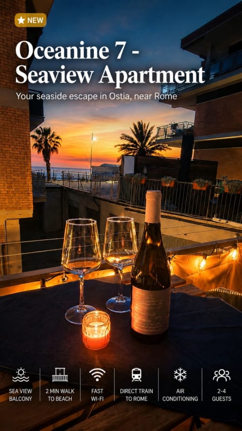 Appartamento Oceanine 7 con vista mare a ViOletta, Lido di Ostia. Vino e tramonto dal balcone vicino Roma.