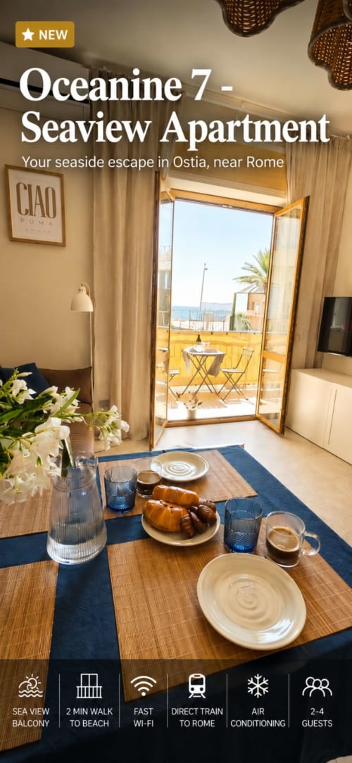 Appartamento Oceanine 7 con vista mare a ViOletta, Ostia: tavolo da pranzo, balcone con vista sul mare e arredamento moderno
