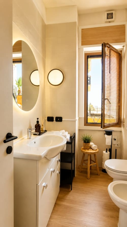 Bagno moderno nell'appartamento ViOletta, Lido di Ostia, con specchio rotondo, lavabo bianco, dettagli in legno e finestra vista mare