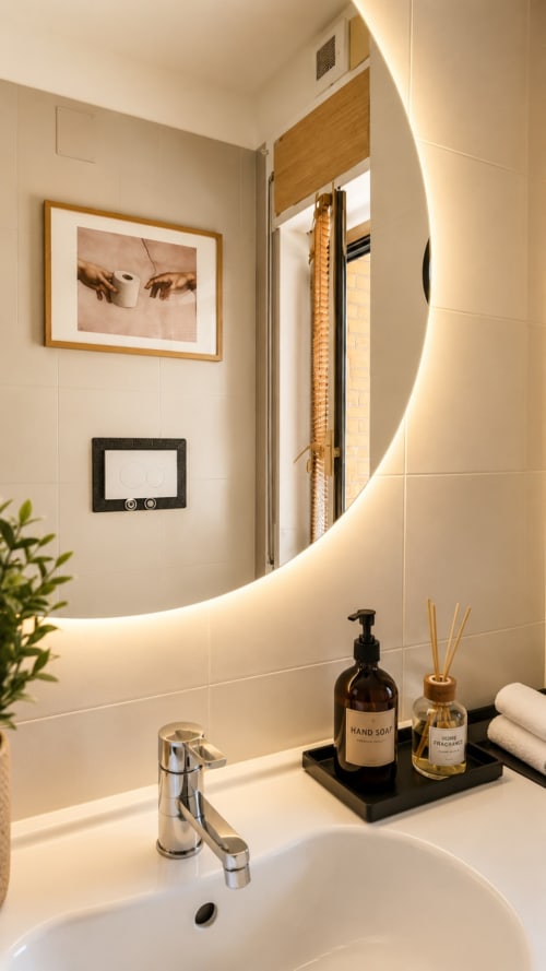 Bagno moderno dell'appartamento ViOletta Oceanine 7 a Lido di Ostia, con specchio illuminato curvo e vista sul mare