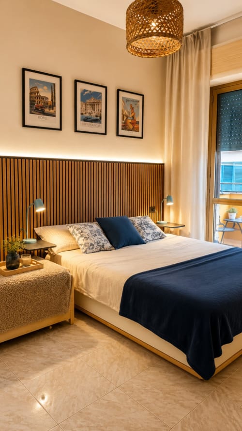Camera moderna all'hotel ViOletta a Lido di Ostia con letto queen, testata in legno, arte da viaggio italiana e vista mare