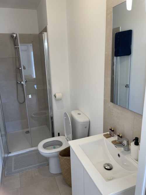 Bagno moderno della monolocale Marina di Bravone con lavabo bianco, wc, doccia e specchio