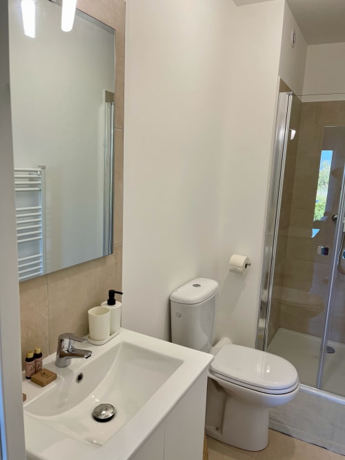 Bagno moderno presso la Résidence Marina di Bravone con lavabo, wc, doccia e specchio nello studio fronte mare