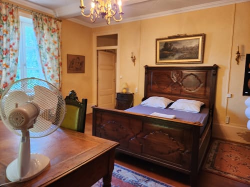 Chambre spacieuse de villa française avec lit en bois, murs jaunes, lustre, rideaux fleuris et vue sur le jardin
