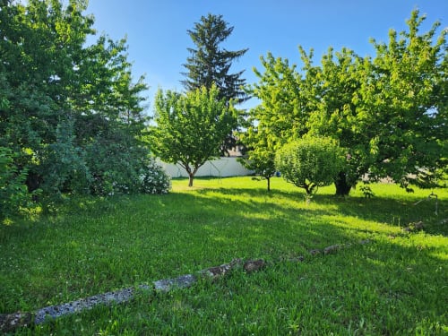 Jardin verdoyant avec arbres matures et allée de pierre à la villa Jolie Maison à Charly, France
