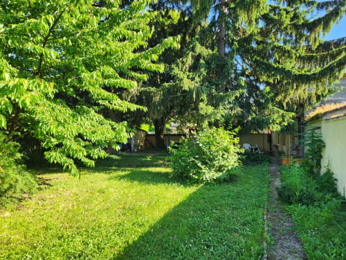 Jardin verdoyant avec de grands arbres et pelouse à la villa Jolie Maison à Charly, France