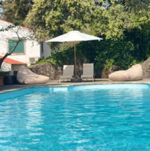 Piscina da Quinta Do Carril com guarda-sol e espreguiçadeiras rodeadas de vegetação em Reguengo, Portugal