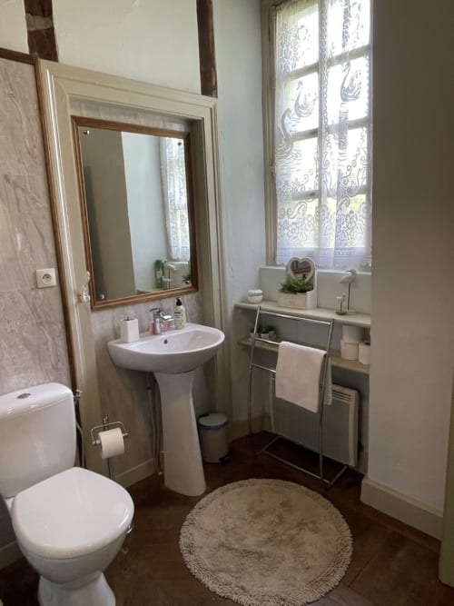 Salle de bains lumineuse du Gîte Voltaire au Château de la Motte avec lavabo sur colonne, toilettes, porte-serviettes et fenêtre à motifs